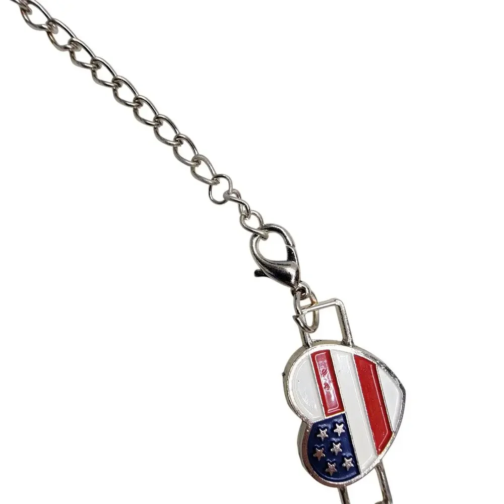 Vtg Americana USA Flag Heart Link Chain Belt Enamel Patriotic Silver Tone Womens